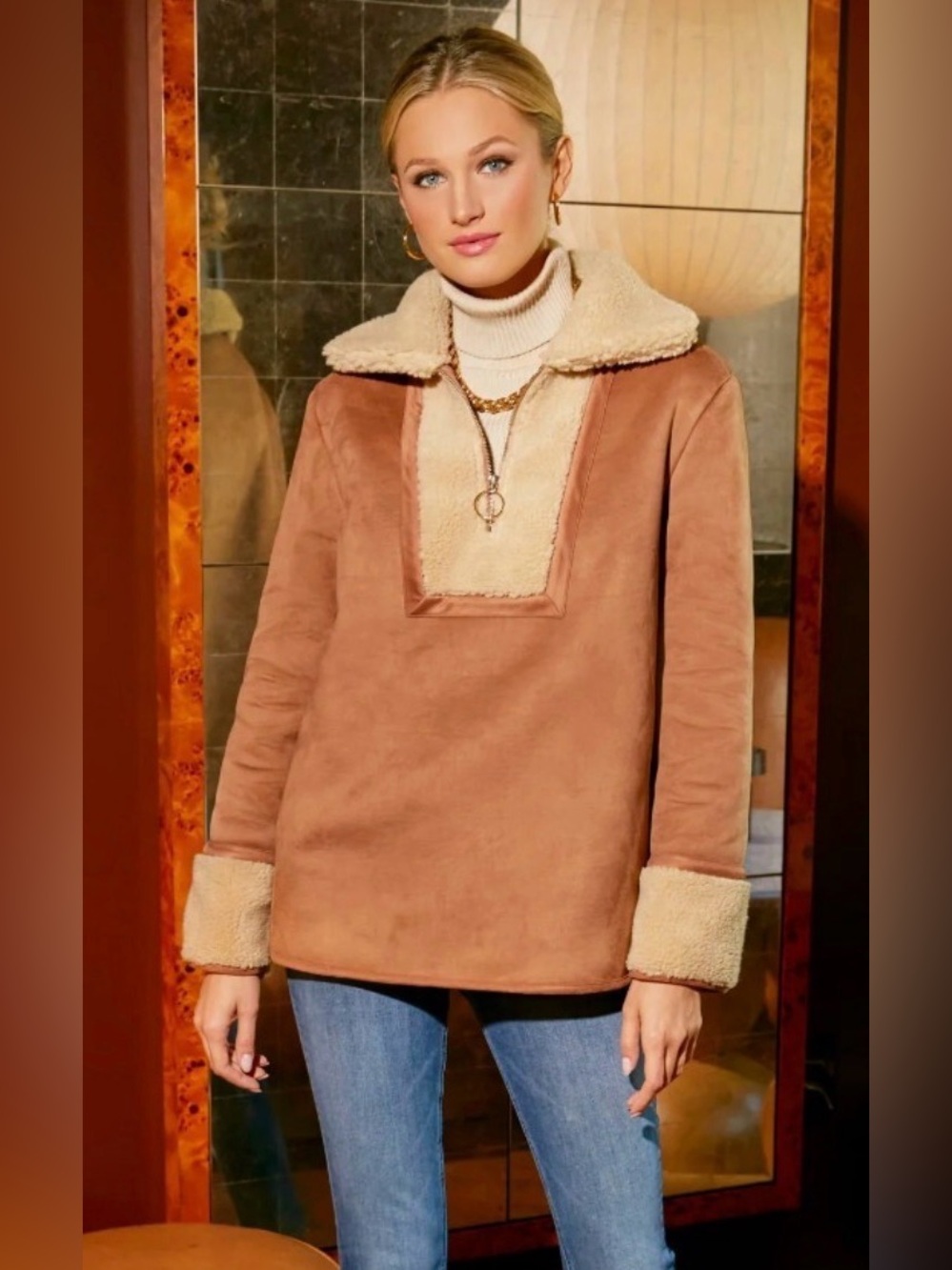 Tuckernuck Stella faux Shearling Pullover Jacket in Camel-Tan. NWT. Size M.